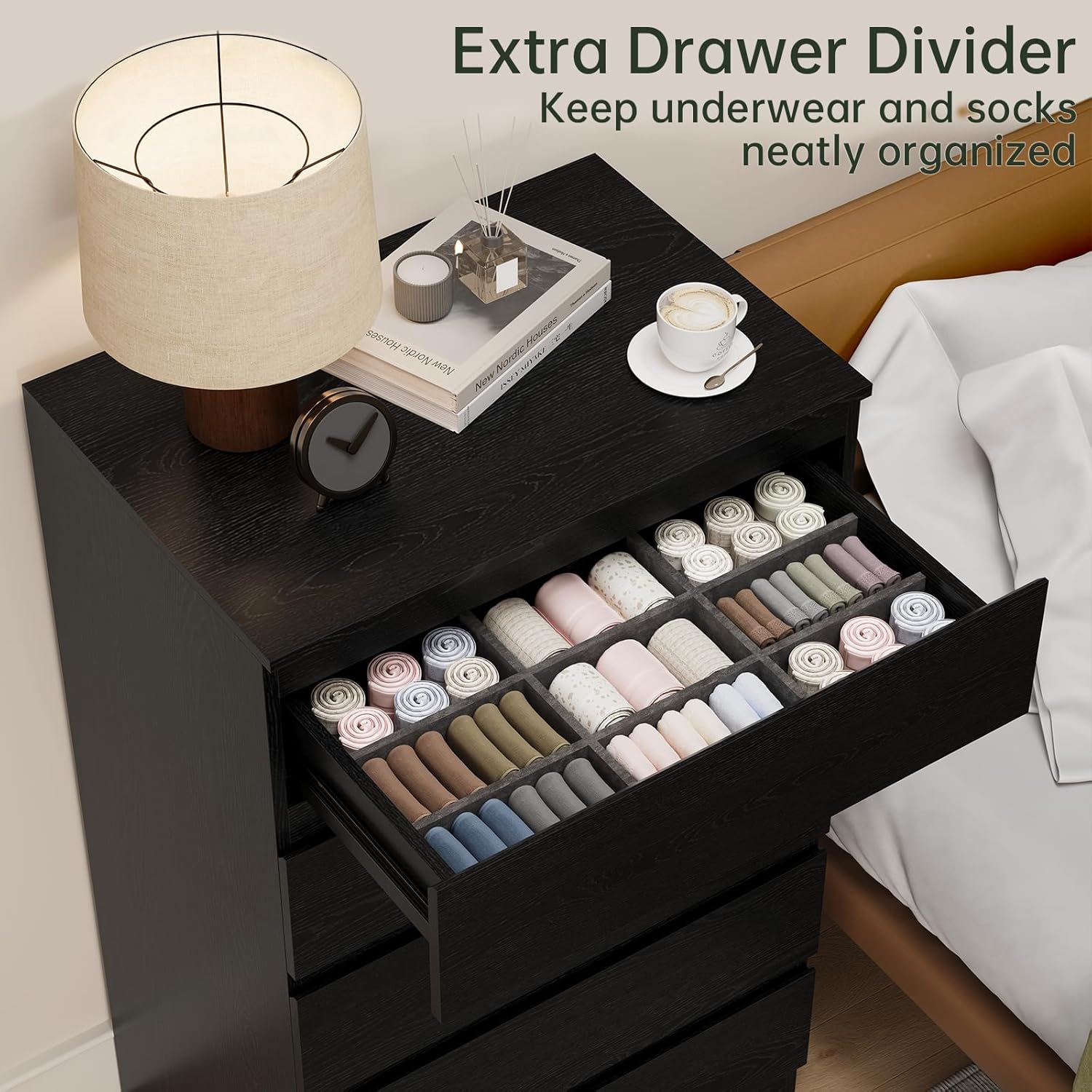 Black Wood Dresser for Bedroom, 5 Drawer for Clothes Storage, Modern Dresser with Wide Drawers, Wide Wooden Chest Drawers for Living Room, Entryway, TV Stand