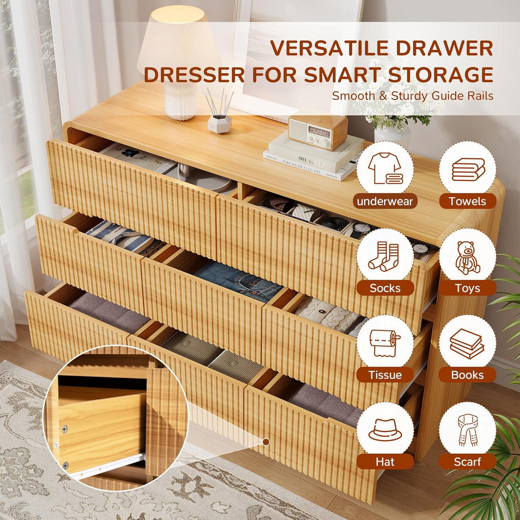 Fluted Dresser for Bedroom, 8 Drawer Dressers for Closet 53" Wide Large Wood Dresser Modern TV Stand, Wooden Clothes Storage Organizer Chest of Drawers for Living Room Hallway Entryway