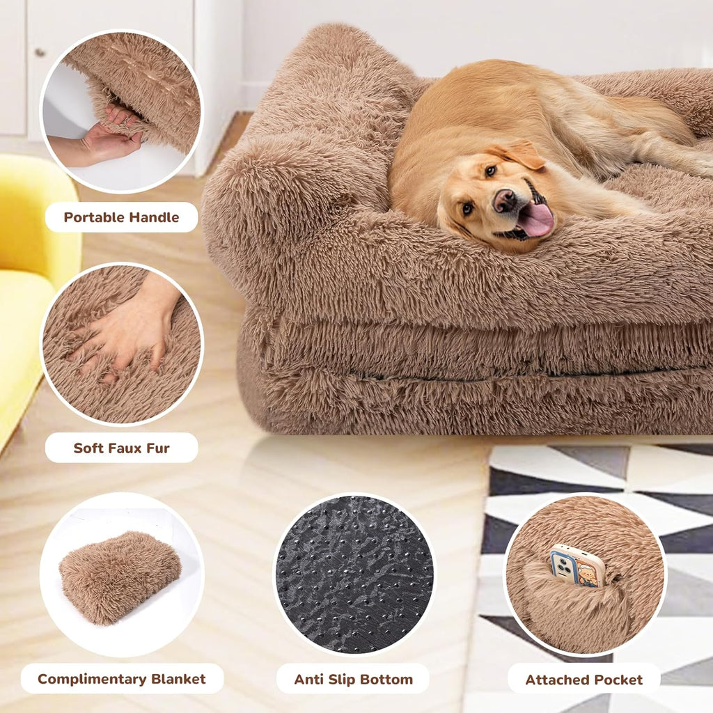72" Foldable Human Dog Bed for Adults, Fluffy Faux Fur with Blanket, Orthopedic Washable Dog Bed with Memory Foam and Water Repellent Liner Extra Large Thick for Pet (Brown)