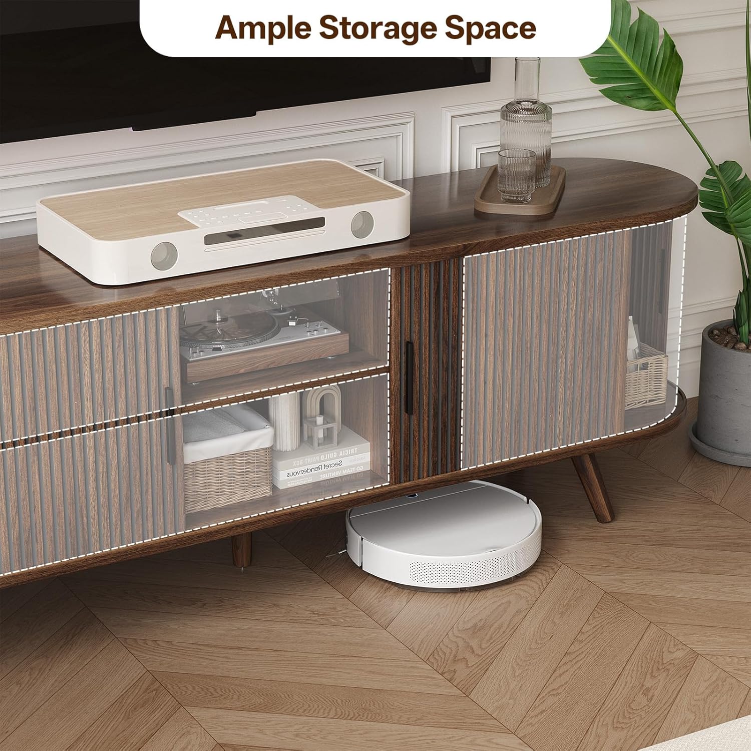 62" Fluted TV Stand, Mid Century Modern TV Stand for TVs up to 70", Entertainment Center with Storage, Sliding Doors, Adjustable Shelf, Wood Media Console for Living Room, Bedroom, Walnut