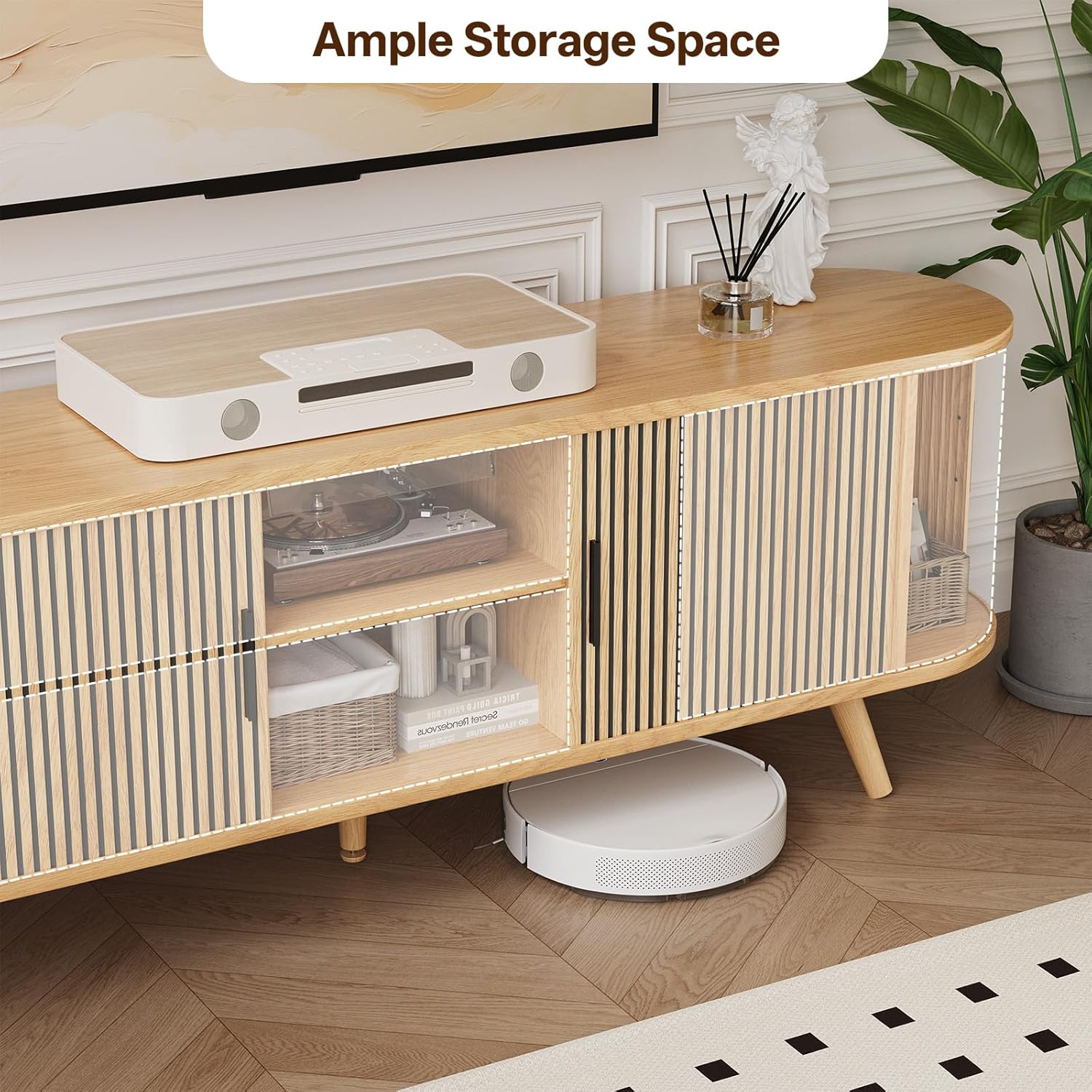 62" Fluted TV Stand, Mid Century Modern TV Stand for TVs up to 70", Entertainment Center with Storage, Sliding Doors, Adjustable Shelf, Wood Media Console for Living Room, Bedroom, Natural