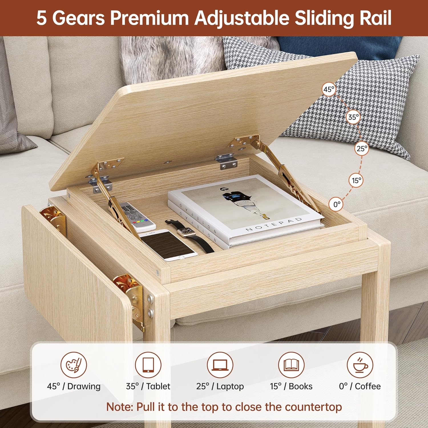 C Shaped End Table, Rolling Side Table with 4-Way Convertible Desktop, Wooden C Table with Multi-Functional Folding Tray &Lockable Wheels, Living Room,Bedroom,White Oak
