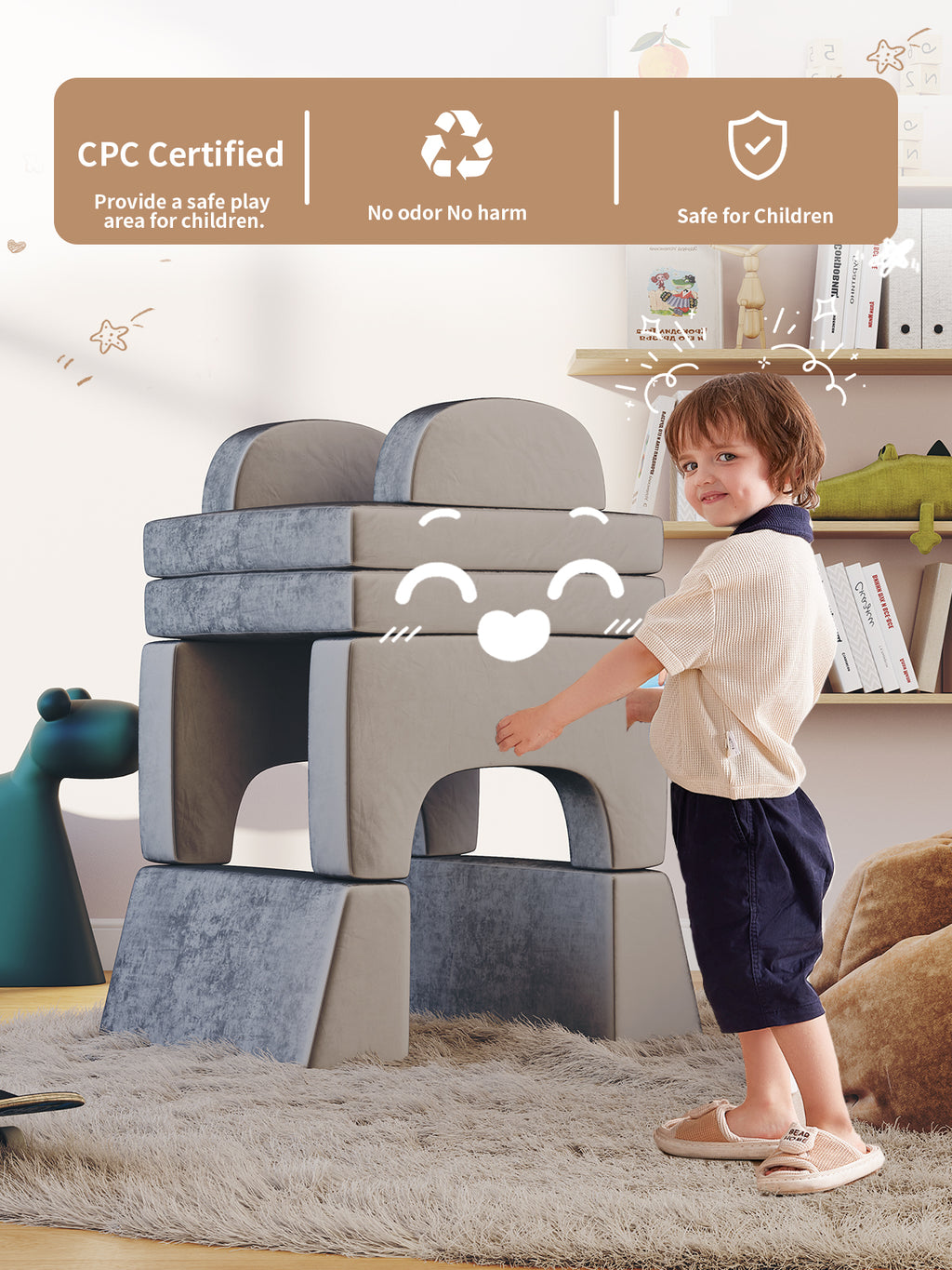 Modular Kids Play Couch, 10PCS Nugget Couch Kids for Boys and Girls, Child Sectional Sofa Versatile Kid Sofa for Playroom, Bedroom, Classroom, Grey