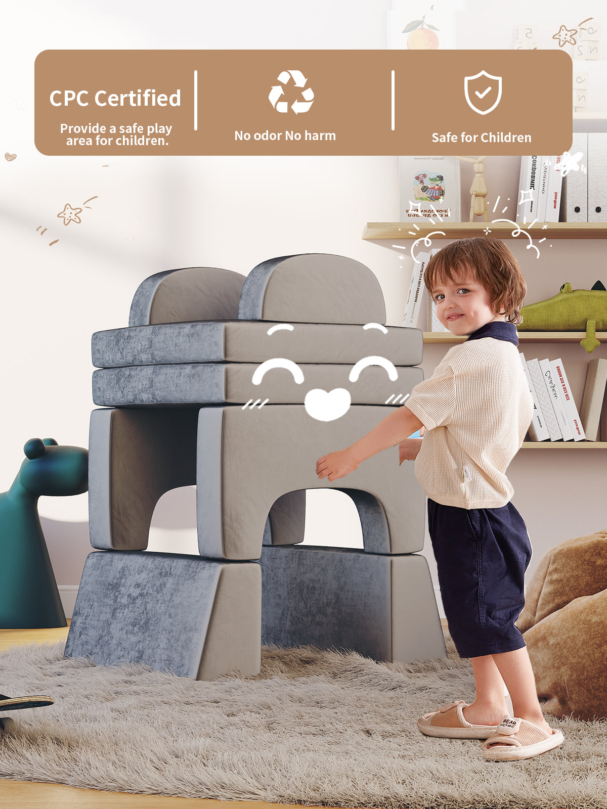 Modular Kids Play Couch, 10PCS Nugget Couch Kids for Boys and Girls, Child Sectional Sofa Versatile Kid Sofa for Playroom, Bedroom, Classroom, Grey