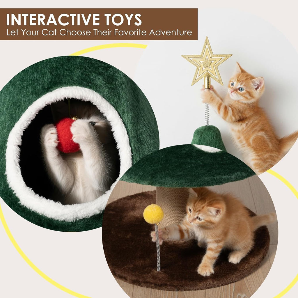 39" Christmas Cat Tree with Cat House, Scratching Post, Cat Furniture with Interactive Toy for Christmas Decoration (Small)