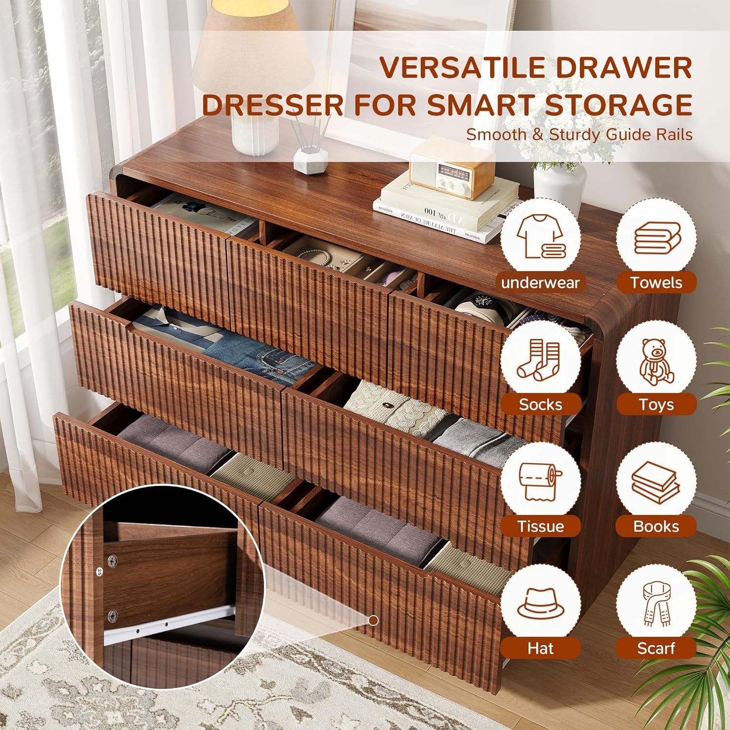 Fluted Dresser for Bedroom, 7 Drawer Dressers for Closet 48" Wide Large Wood Dresser Modern TV Stand, Wooden Clothes Storage Organizer Chest of Drawers for Living Room Hallway Entryway