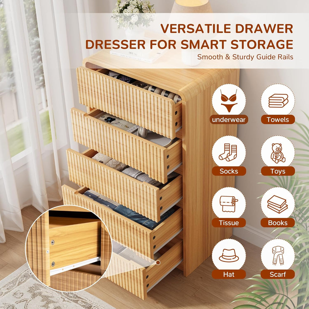 Fluted Dresser for Bedroom, 5 Drawer Dressers for Closet Small Wood Dresser Modern TV Stand, Wooden Clothes Storage Organizer Chest of Drawers for Living Room Hallway Entryway