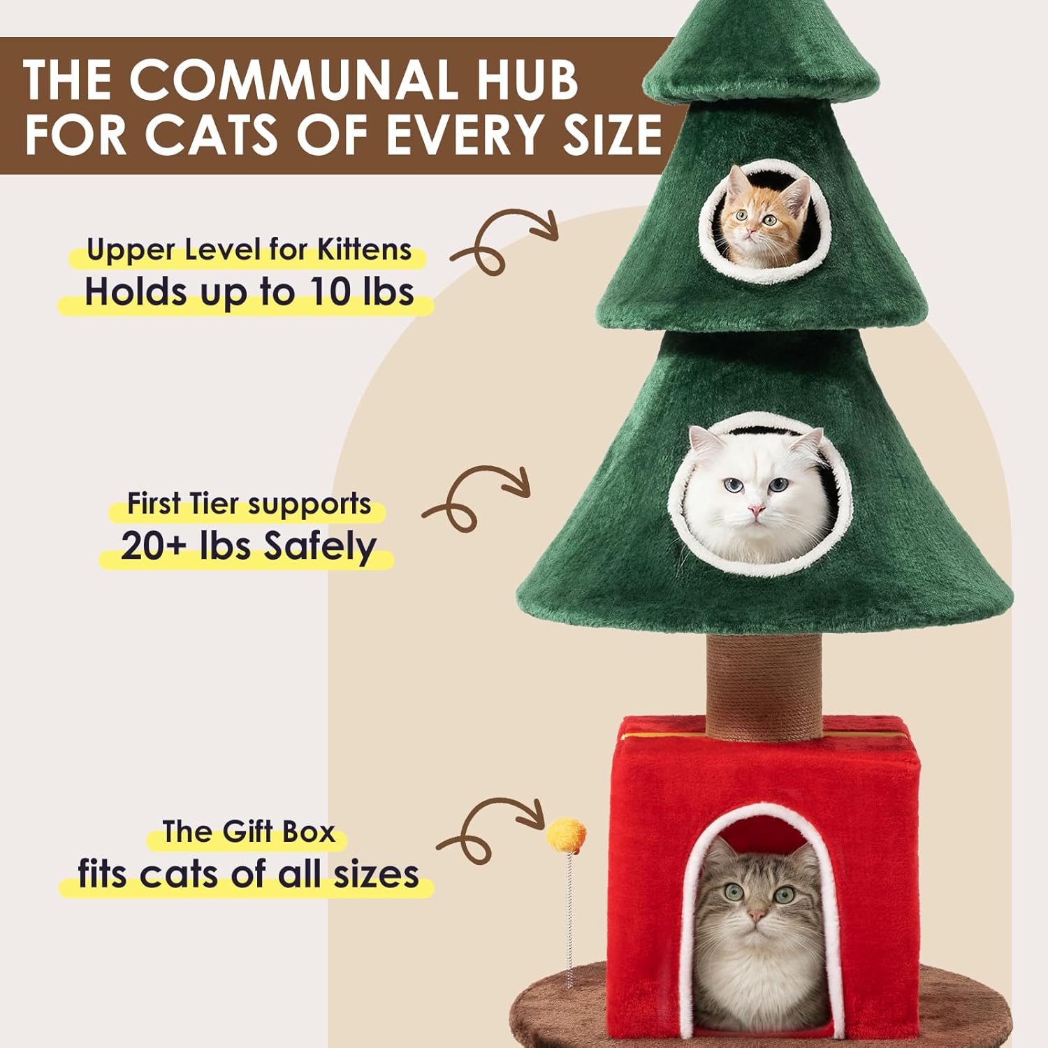 60" Christmas Cat Tree with 3 Cat Houses, Cat Furniture with Interactive Toy for Christmas Decoration (Large)