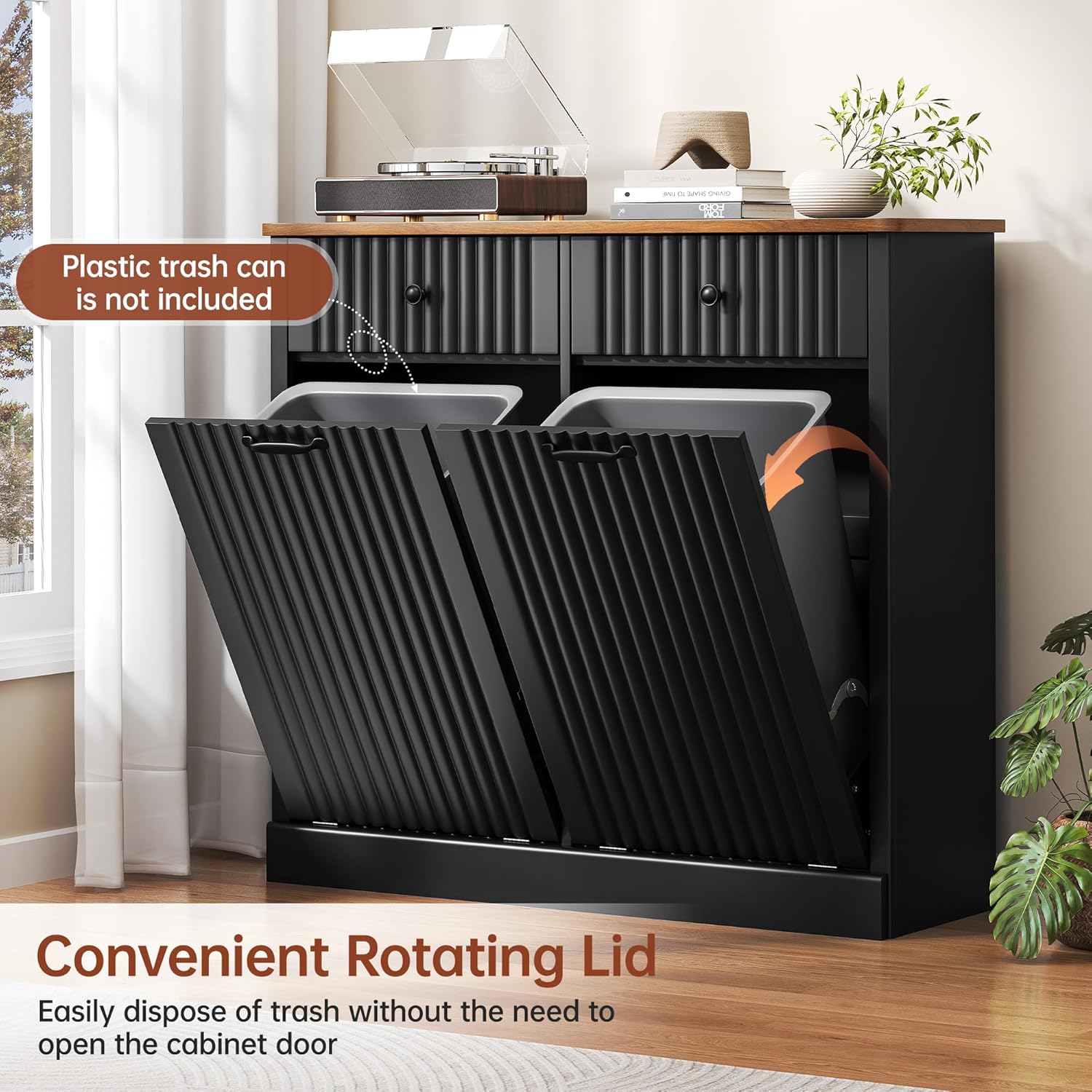 Double Tilt Out Trash Can Cabinet 20 Gallon Large Wooden, Free Standing Laundry Sorter with 2 Hideaway Drawer, 2 Doors Recycling Trash Can Storage for Kitchen Laundry (Black, 20 Gallon)