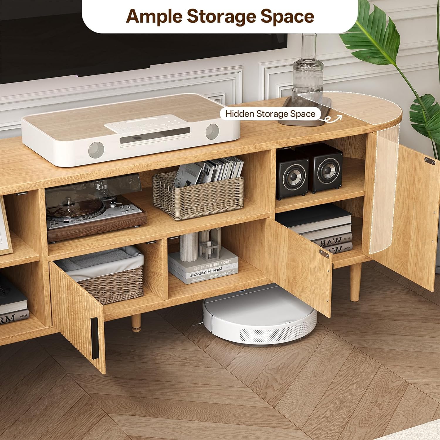 70" Fluted TV Stand, Mid Century Modern TV Stand for TVs up to 80", Entertainment Center with Storage, Adjustable Shelves, Wood Media Console for Living Room, Bedroom, Natural