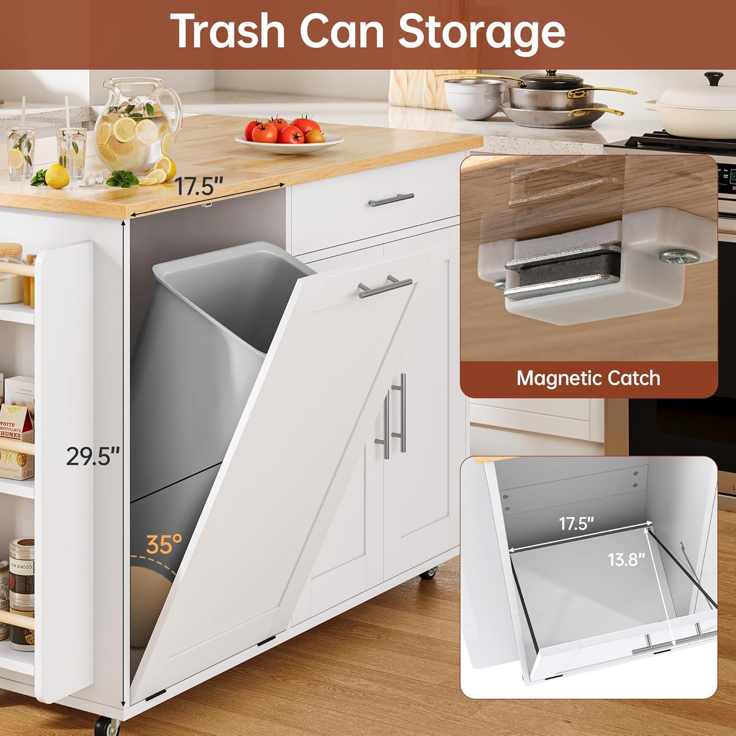 Rolling Kitchen Island with Hidden Trash Can Storage, Kitchen Island on Wheels with Storage, 3-Tier Spice Rack, Towel Rack&Drawer, Mobile Portable Island for Kitchen, White