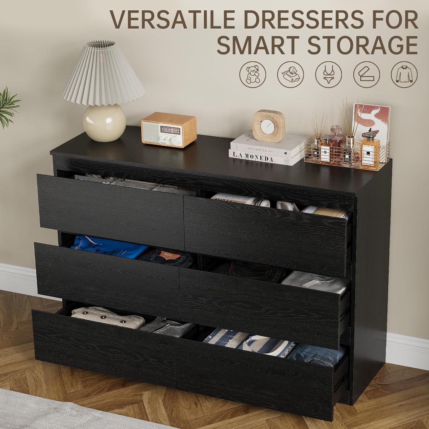 Black Wood Dresser, 6 Drawer Dressers for Clothes Storage for Bedroom, Modern Dresser with Wide Drawers, Wide Wooden Chest Drawers for Living Room|Entryway|TV Stand(47" W x15.4 Dx32.3 H)