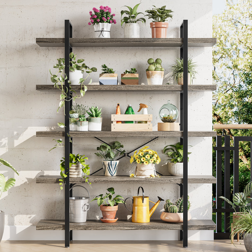 Heavy Duty 5-Tier Industrial Bookcase, 47" Wide Wood Bookshelf for Home Office, 120lbs Shelf Capacity, Rustic Shelving Display with Reinforced Horizontal Shelf for Living Room Bedroom,Grey