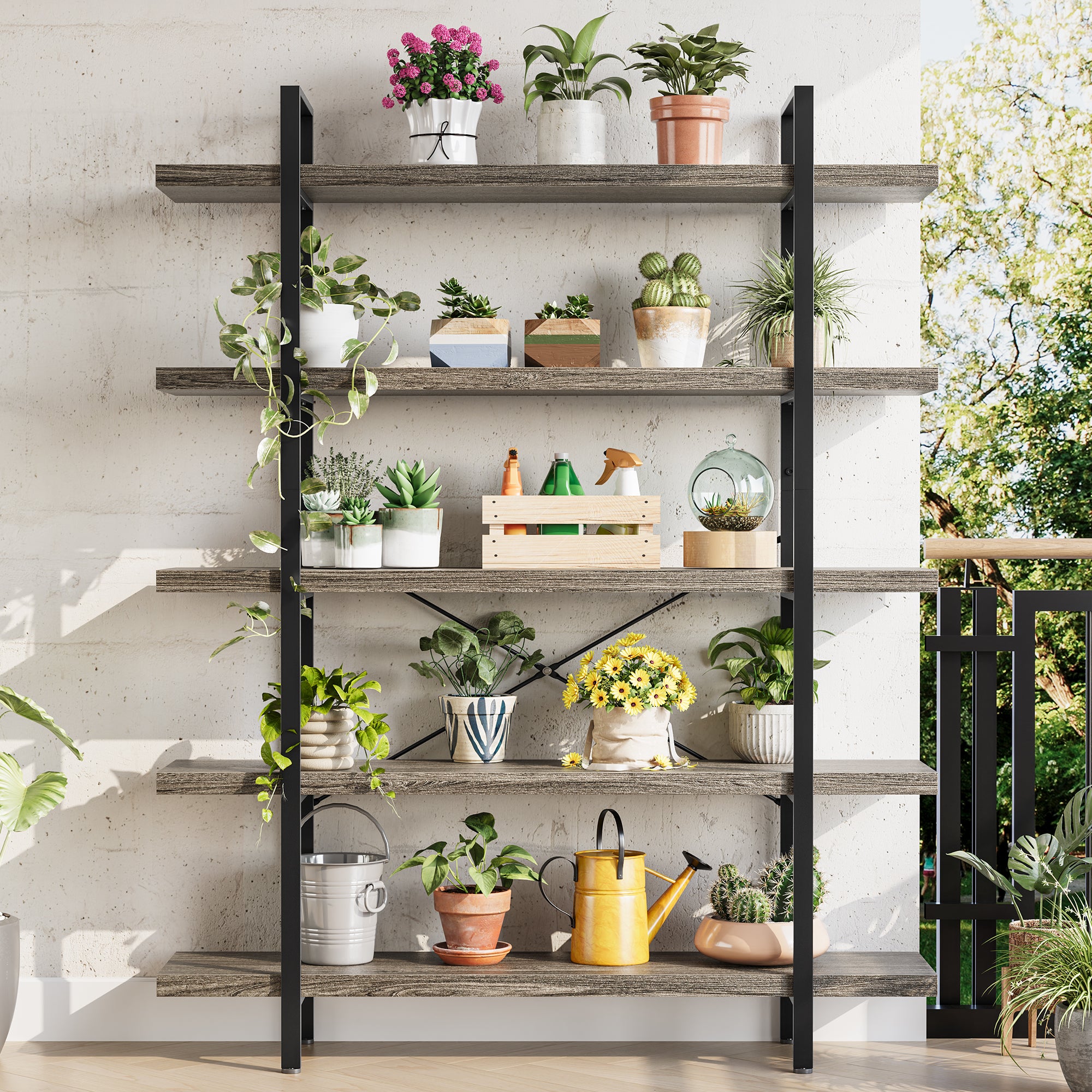 Heavy Duty 5-Tier Industrial Bookcase, 47" Wide Wood Bookshelf for Home Office, 120lbs Shelf Capacity, Rustic Shelving Display with Reinforced Horizontal Shelf for Living Room Bedroom,Grey