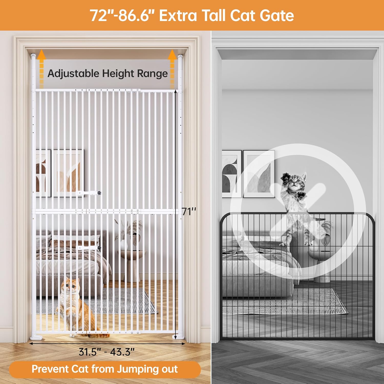 71'' Extra Tall Pet Gate, 31.5-43.3'' Extra Wide Cat Gate for Doorway, No Drilling, 1.37'' Extra Narrow Gap, Double Opening & Easy Lock, Cat Proof Gate Full Door