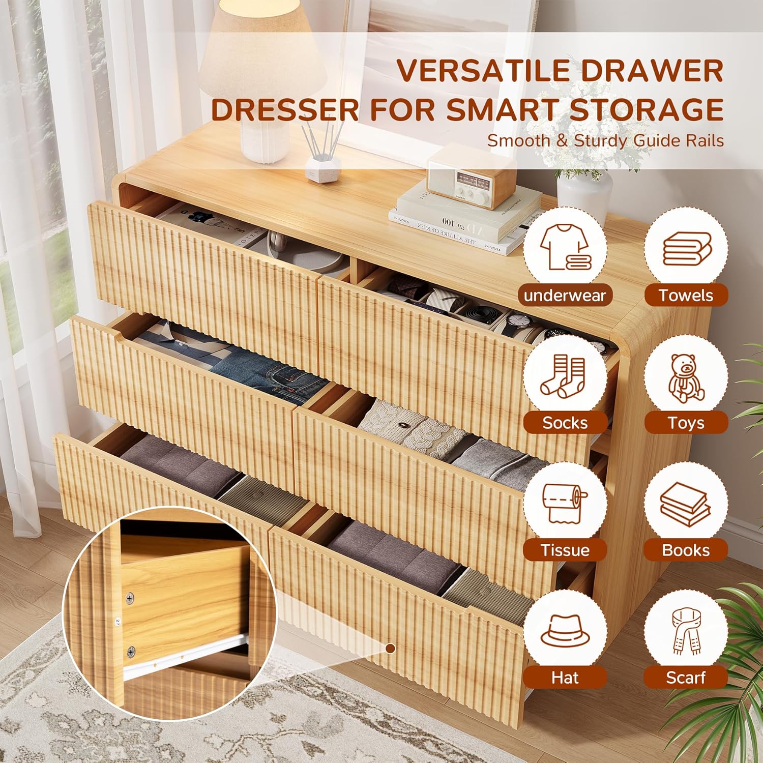 Fluted Dresser for Bedroom, 6 Drawer Dressers for Closet 48" Wide Large Wood Dresser Modern TV Stand, Wooden Clothes Storage Organizer Chest of Drawers for Living Room Hallway Entryway