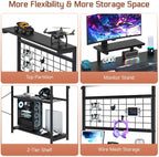 L Shaped Gaming Desk, Reversible Computer Desk with 4-Tier Shelves, Corner Desk with Pegboard, Home Office Desk with LED Lights & Power Outlets Gaming Desk with Storage, Black