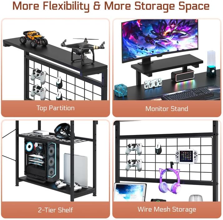 L Shaped Gaming Desk, Reversible Computer Desk with 4-Tier Shelves, Corner Desk with Pegboard, Home Office Desk with LED Lights & Power Outlets Gaming Desk with Storage, Black