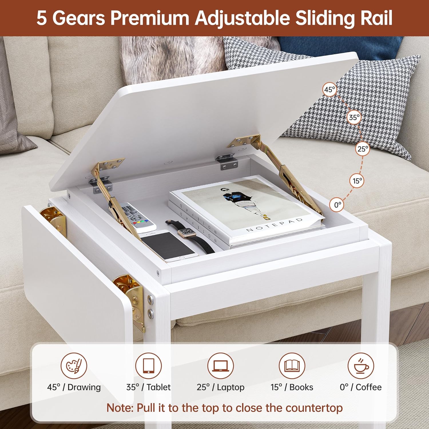 C Shaped End Table, Rolling Side Table with 4-Way Convertible Desktop, Wooden C Table with Multi-functional Folding Tray & Lockable Wheels, Side Table for Couch, Living Room, Bedroom, White