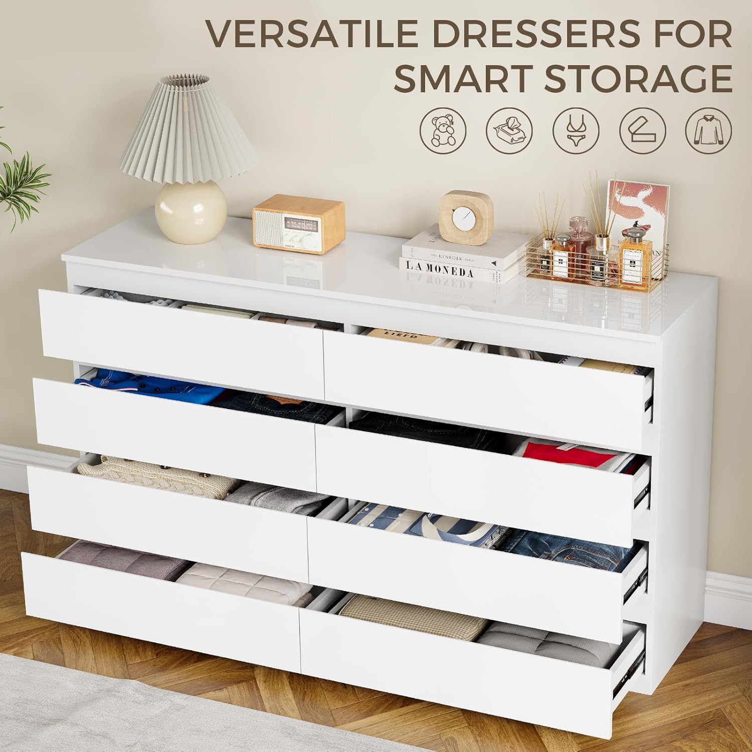 White Wood Dresser for Bedroom, 8 Drawer Dressers for Clothes Storage, Modern Dresser with Wide Drawers, Wide Wooden Chest Drawers for Living Room, Entryway, TV Stand(55" W x15.4 Dx32.3 H)