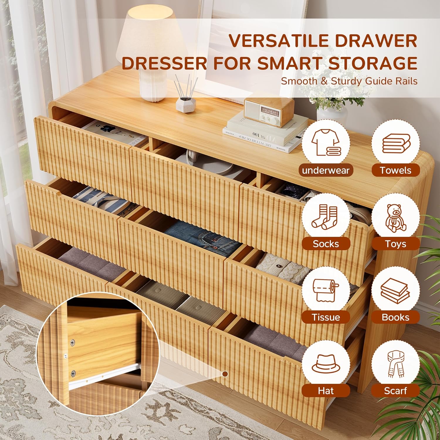 Fluted Dresser for Bedroom, 9 Drawer Dressers for Closet 55" Wide Large Wood Dresser Modern TV Stand, Wooden Clothes Storage Organizer Chest of Drawers for Living Room Hallway Entryway