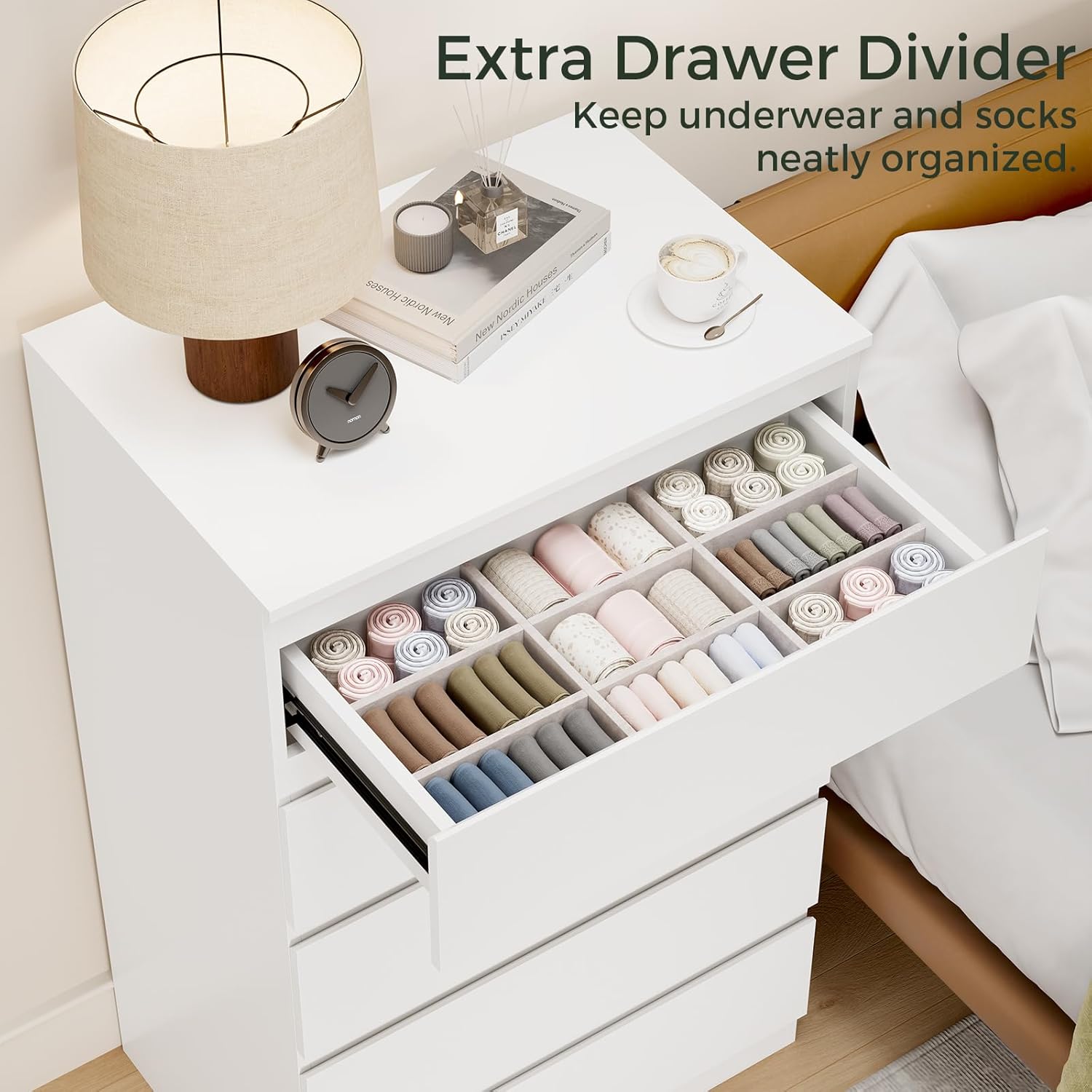 White Wood Dresser for Bedroom, 5 Drawer for Clothes Storage, Modern Dresser with Wide Drawers, Wide Wooden Chest Drawers for Living Room, Entryway, TV Stand