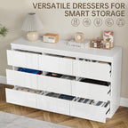 White Wood Dresser for Bedroom, 9 Drawer Clothes Storage | Modern, Handle-Free, High Gloss, Wooden Drawers, 55" long, for Living Room, Entryway, TV Stand