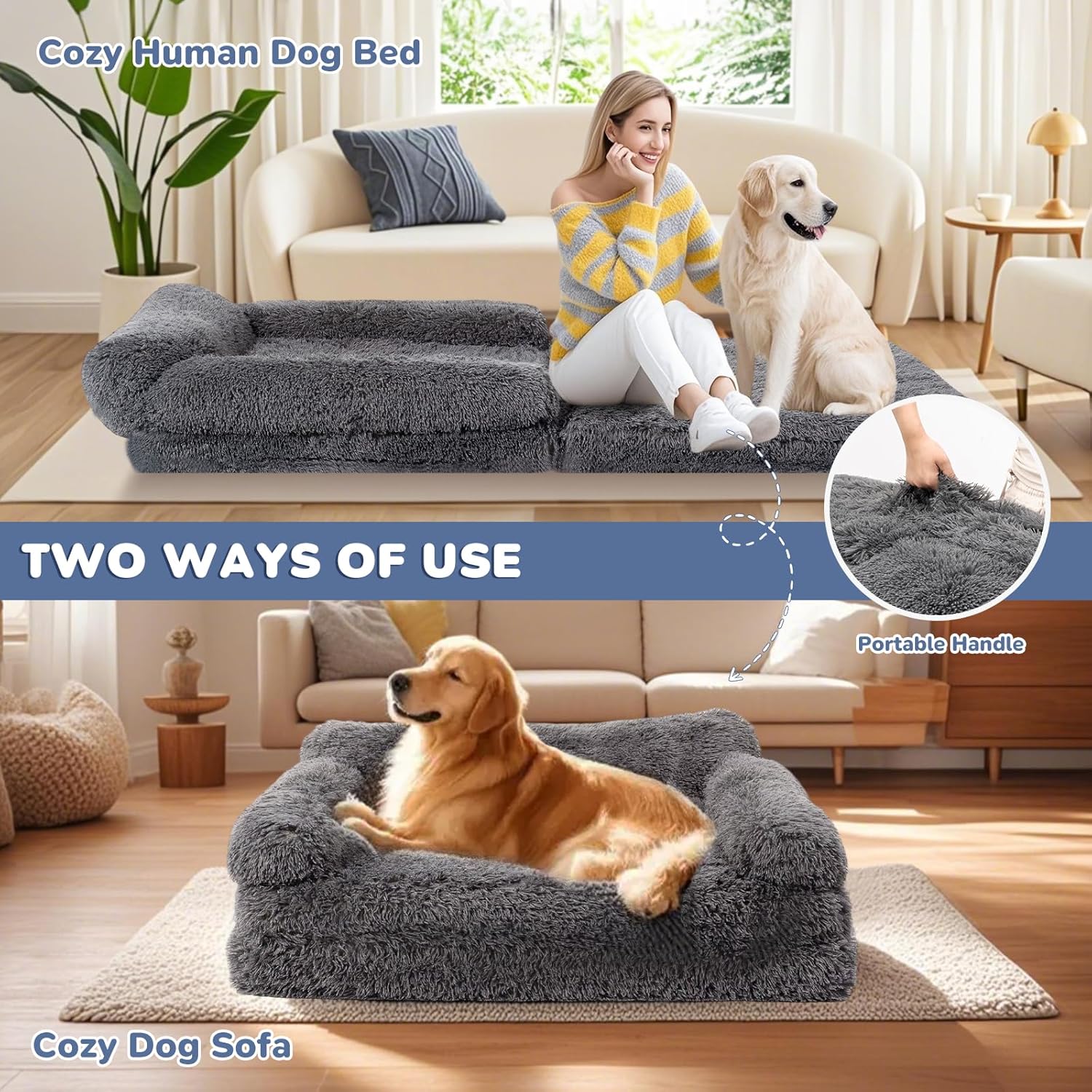 72" Foldable Human Dog Bed for Adults, Fluffy Faux Fur with Blanket, Orthopedic Washable Dog Bed with Memory Foam and Water Repellent Liner Extra Large Thick for Pet (Grey)