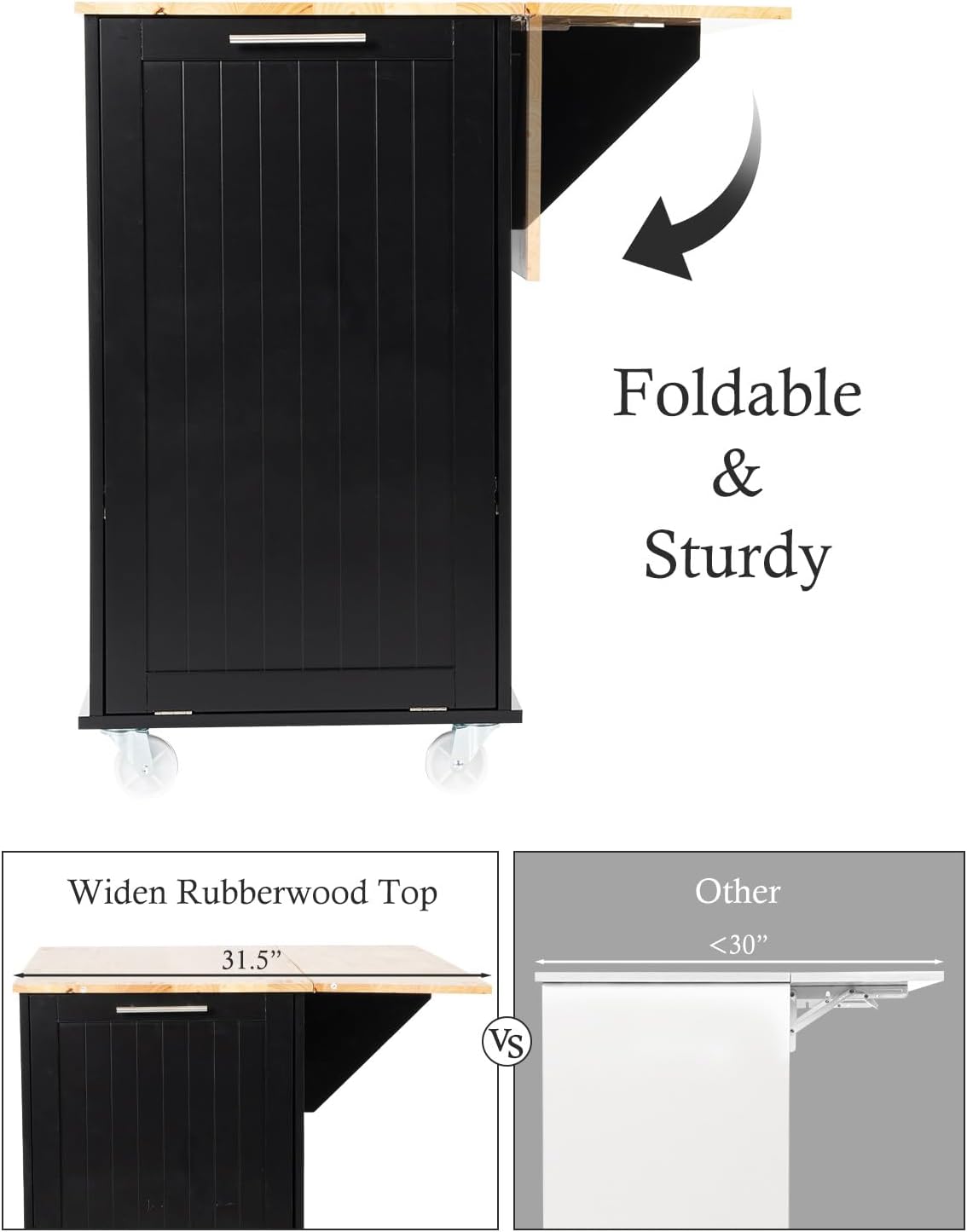 Kitchen Island with Storage, 31.5" D Rolling Kitchen Cart on Wheels with Widen Drop Leaf Rubberwood Top, Large Mobile Kitchen Island with Trash Can Storage and Towel Bar, Black