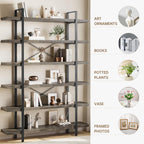Heavy Duty 6-Tier Industrial Bookcase, 47" Wide Wood Bookshelf for Home Office, 120lbs Shelf Capacity, Rustic Open Shelving Display with Reinforced Horizontal Shelf for Living Room Bedroom, Grey