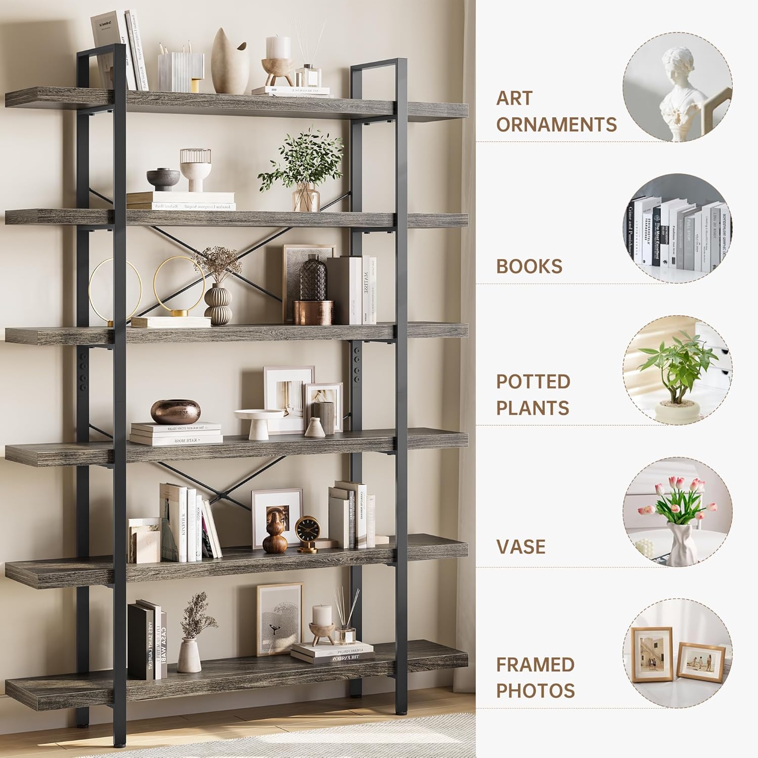 Heavy Duty 6-Tier Industrial Bookcase, 47" Wide Wood Bookshelf for Home Office, 120lbs Shelf Capacity, Rustic Open Shelving Display with Reinforced Horizontal Shelf for Living Room Bedroom, Grey