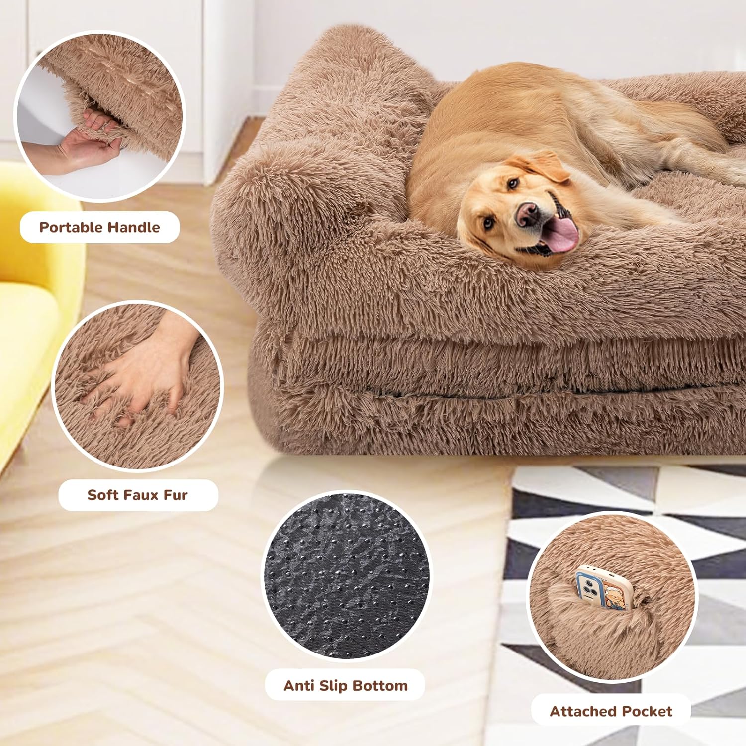 57" Foldable Human Dog Bed for Kids, Fluffy Faux Fur, Orthopedic Washable Dog Bed with Memory Foam and Water Repellent Liner Thick for Pet Installation Free (Brown)