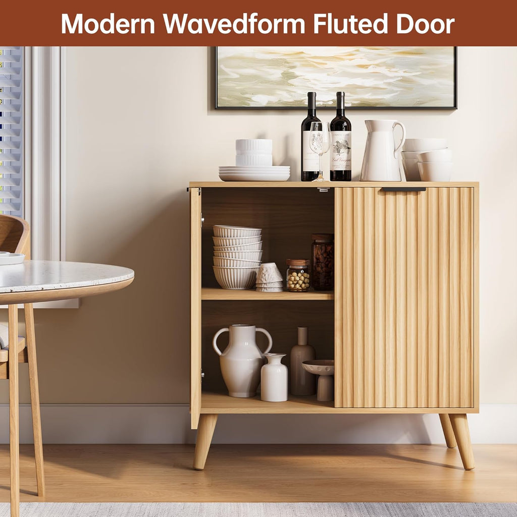 Fluted Sideboard Buffet Cabinet with Storage, Modern Sideboard Cabinet for Dining Room, Accent Credenza with Adjustable Shelves 2 Doors Storage Cabinets for Living Room|Kitchen, Natural