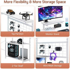L Shaped Gaming Desk, Reversible Computer Desk with 4-Tier Shelves, Corner Desk with Pegboard, Home Office Desk with LED Lights & Power Outlets Gaming Desk with Storage, White