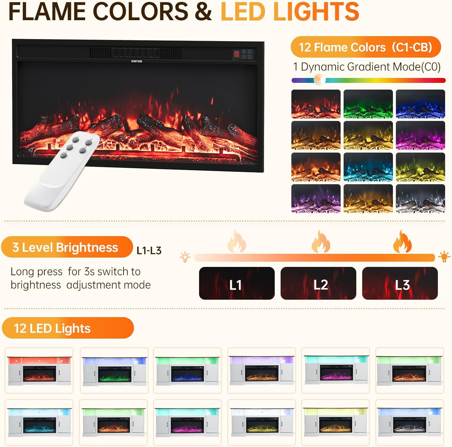 70 inch Fireplace TV Stand for Living Room, Electric Fireplace TV Stand with 12 Colors of 3D Flame & Heating, Entertainment Center with Storage Cabinet (White, Wavecrest)