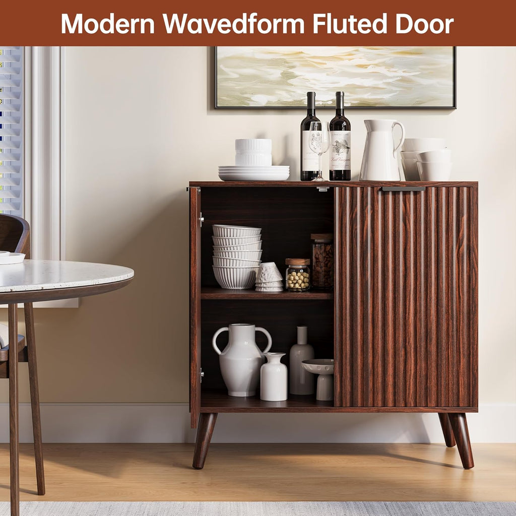 Fluted Sideboard Buffet Cabinet with Storage, Modern Sideboard Cabinet for Dining Room, Accent Credenza with Adjustable Shelves 2 Doors Storage Cabinets for Living Room|Kitchen, Walnut