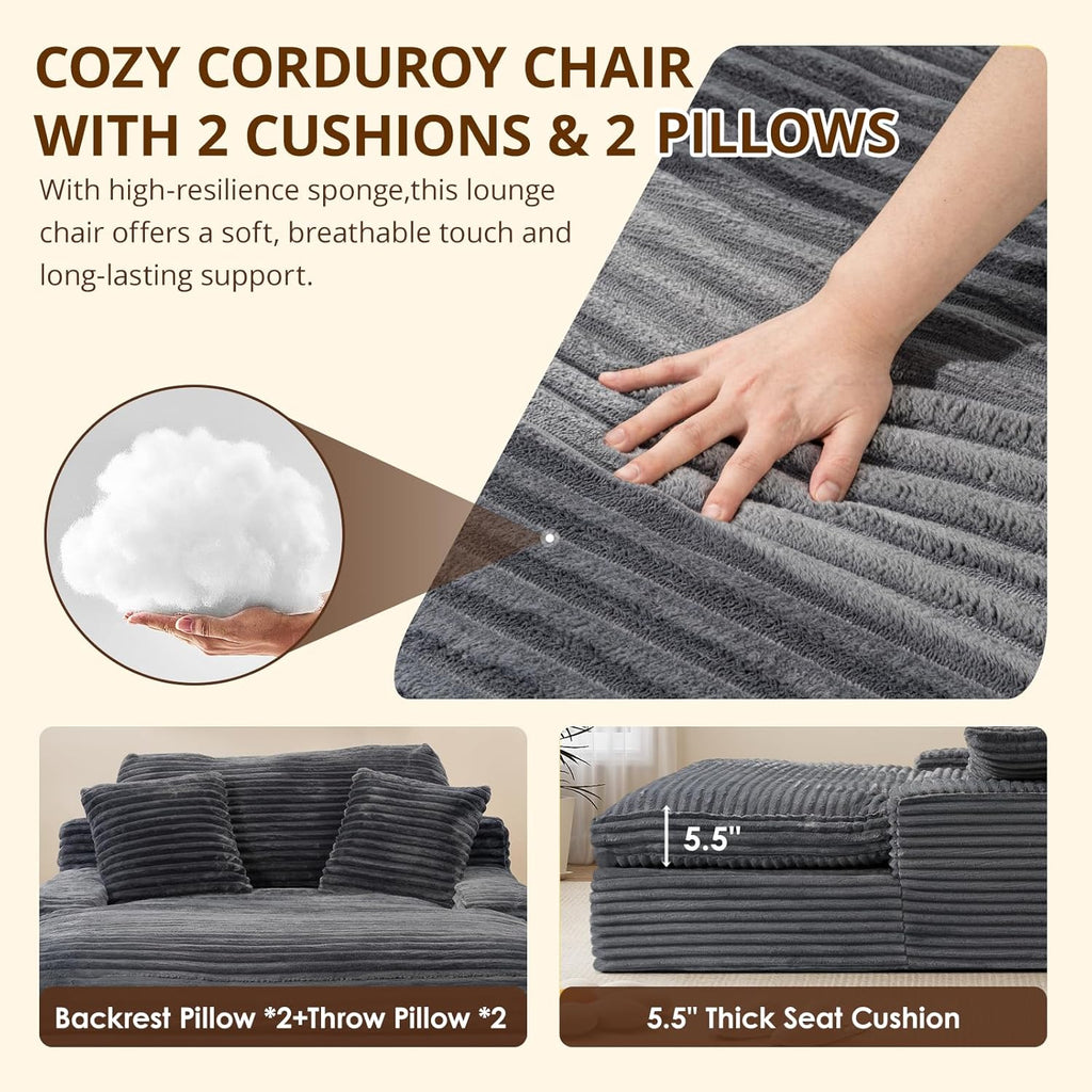 Oversized Chaise Lounge Chair, 57.5'' Deep Seat with 6'' Thick Cushion, Upholstered Sleeper Sofa with Pillows, Comfy Lounge Chair for Tall Adults, Living Room or Bedroom(Grey)