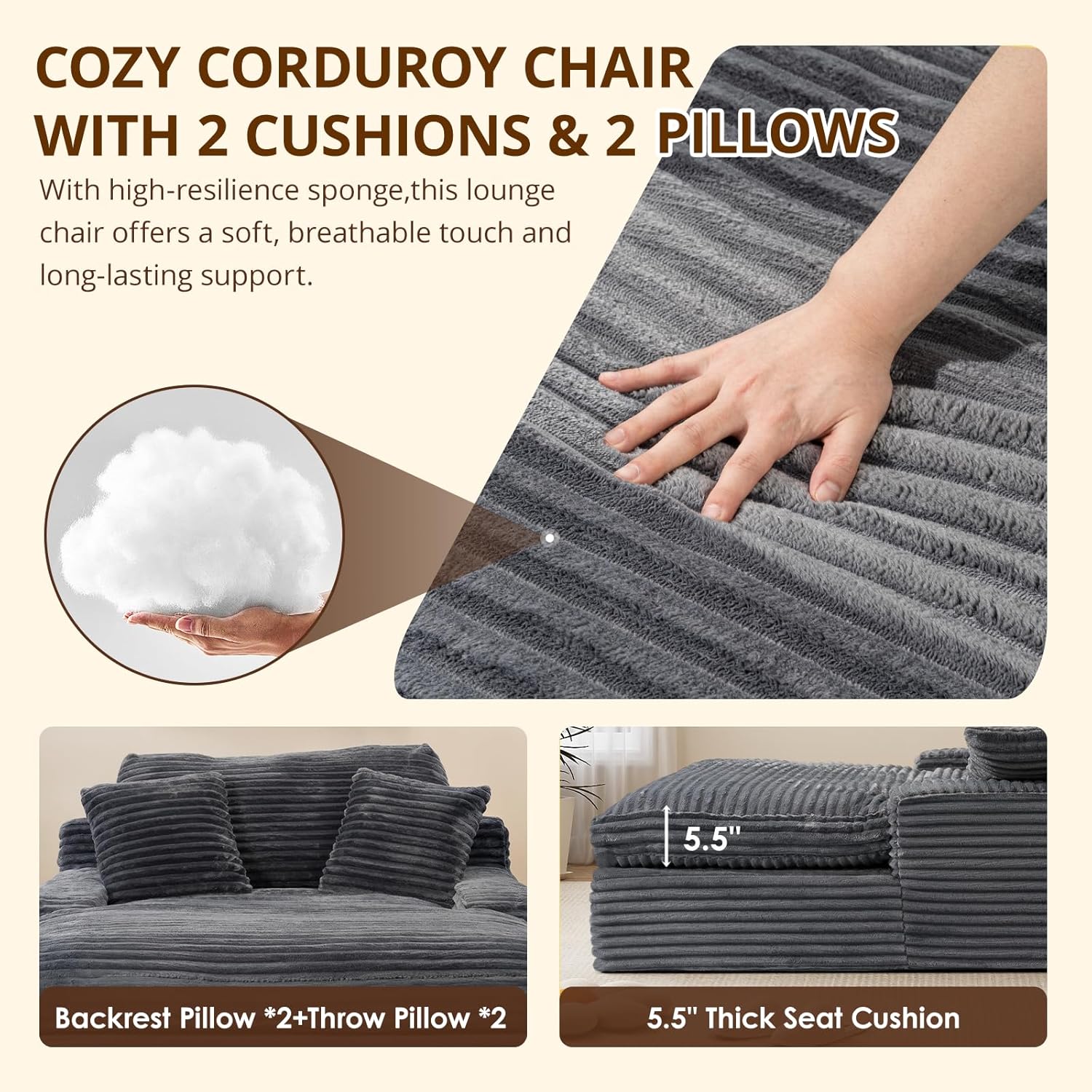 Oversized Chaise Lounge Chair, 57.5'' Deep Seat with 6'' Thick Cushion, Upholstered Sleeper Sofa with Pillows, Comfy Lounge Chair for Tall Adults, Living Room or Bedroom(Grey)