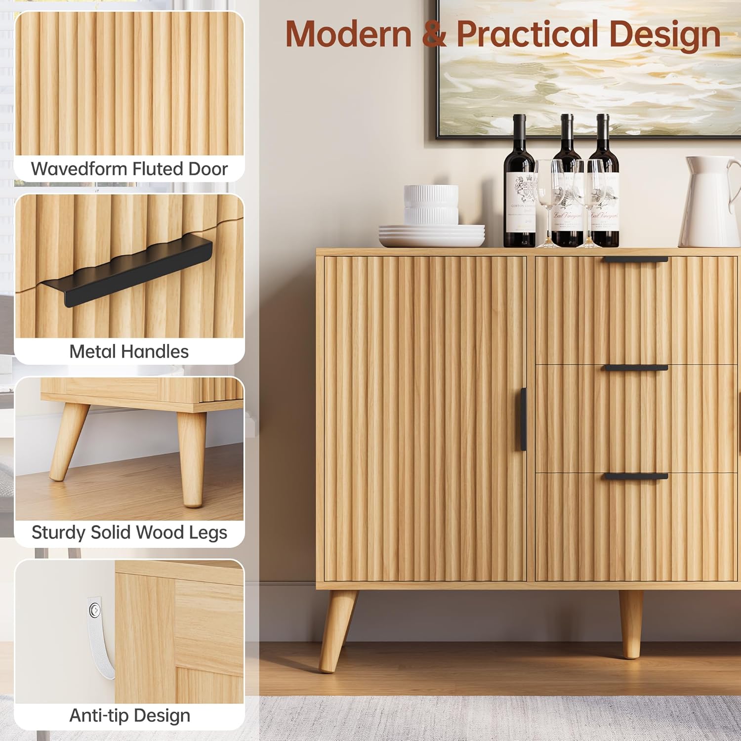 47" Natural Sideboard Buffet Cabinet with 3 Drawers, Fluted Modern Buffet Cabinet with Storage, 2 Doors Sideboard Cabinets Accent Credenza for Dining Room|Living Room|Entryway