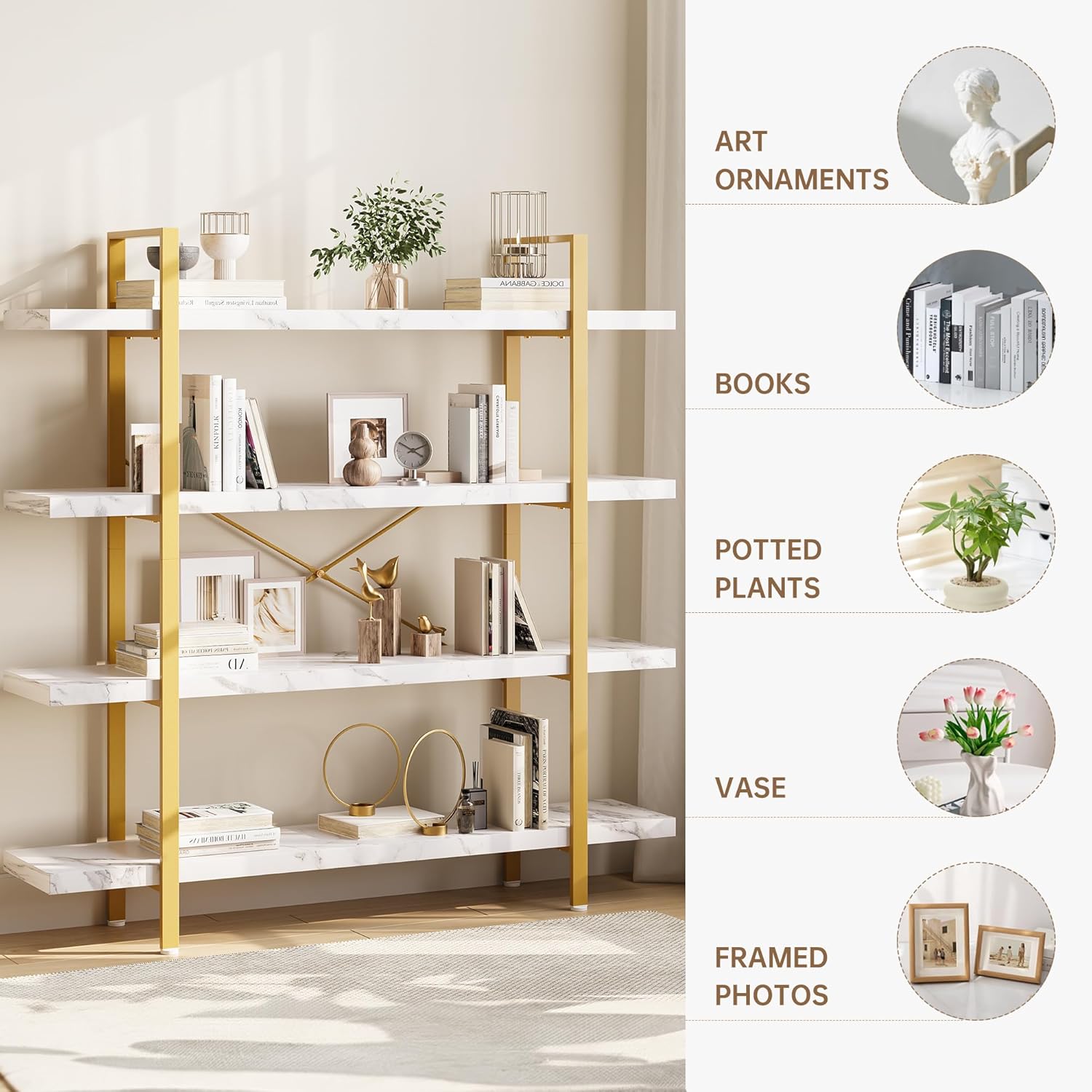 Heavy Duty 4-Tier Industrial Bookcase, 47" Wide Wood Bookshelf for Home Office, 120lbs Shelf Capacity, Shelving Display with Reinforced Horizontal Shelf for Living Room Bedroom,White
