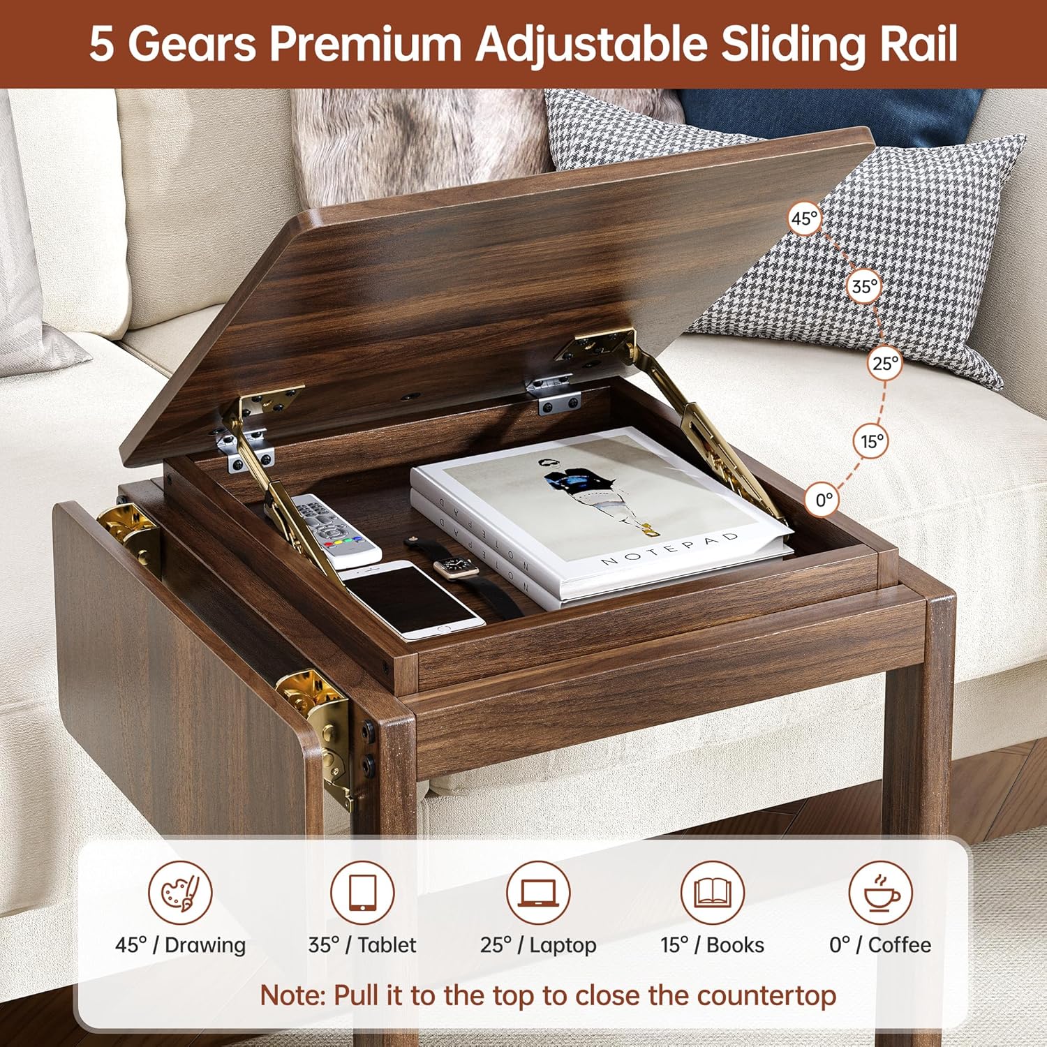 C Shaped End Table, Rolling Side Table with 4-Way Convertible Desktop, Wooden C Table with Multi-Functional Folding Tray & Small Chair, Side Table for Couch, Living Room, Bedroom, Walnut