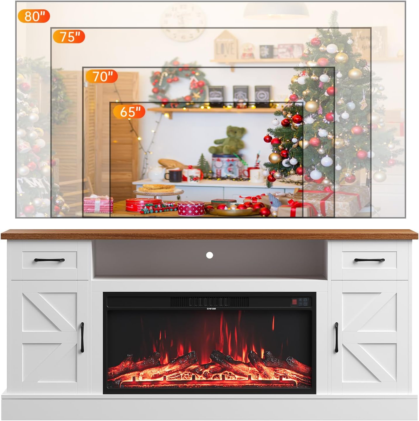 70 inch Fireplace TV Stand for Living Room, Electric Fireplace TV Stand with 12 Colors of 3D Flame & Heating, Entertainment Center with Storage Cabinet (White, Farmhouse)