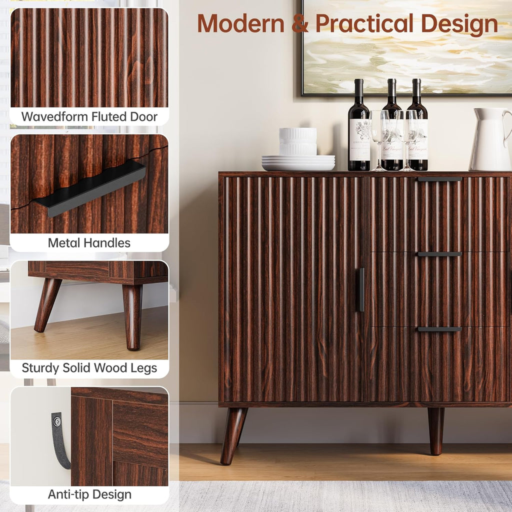 47" Walnut Sideboard Buffet Cabinet with 3 Drawers, Fluted Modern Buffet Cabinet with Storage, 2 Doors Sideboard Cabinets Accent Credenza for Dining Room|Living Room|Entryway