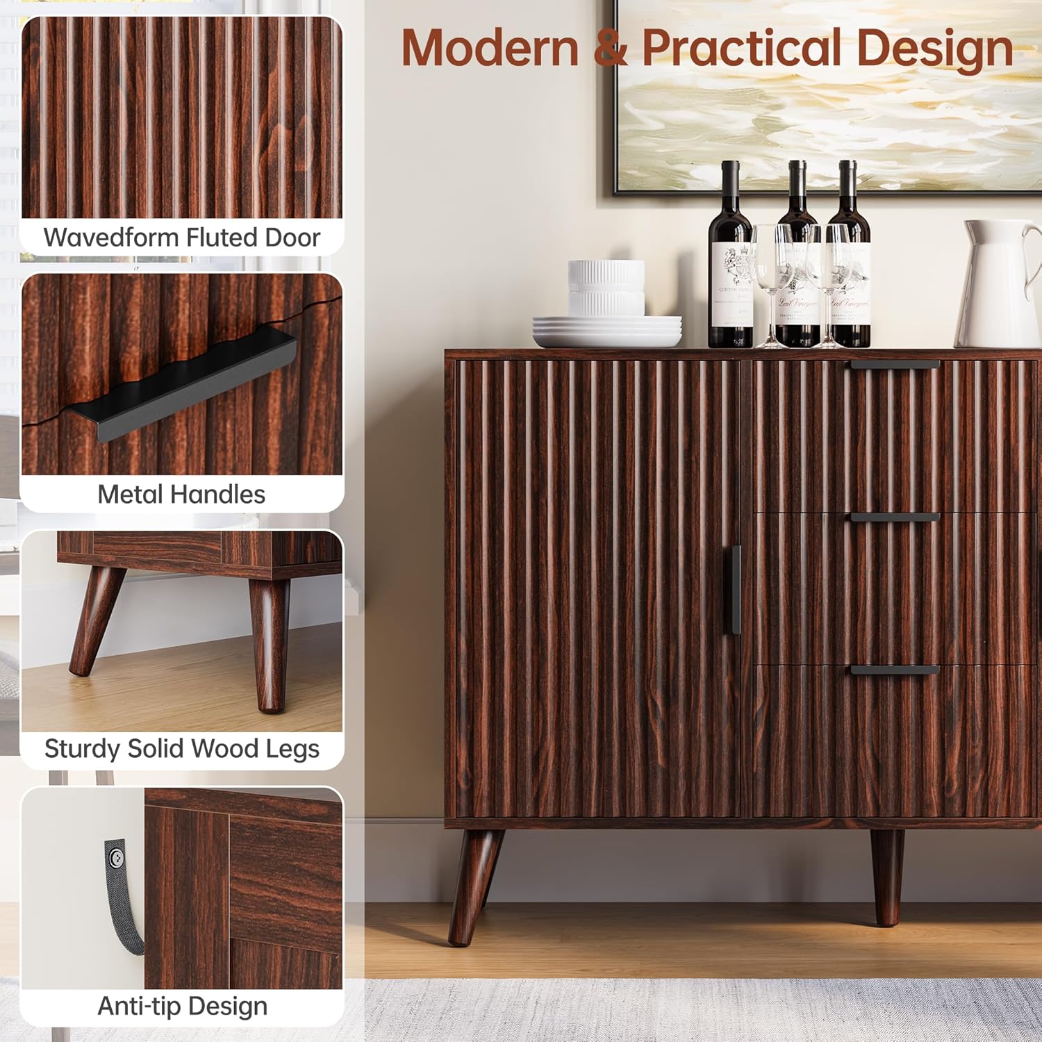 47" Walnut Sideboard Buffet Cabinet with 3 Drawers, Fluted Modern Buffet Cabinet with Storage, 2 Doors Sideboard Cabinets Accent Credenza for Dining Room|Living Room|Entryway