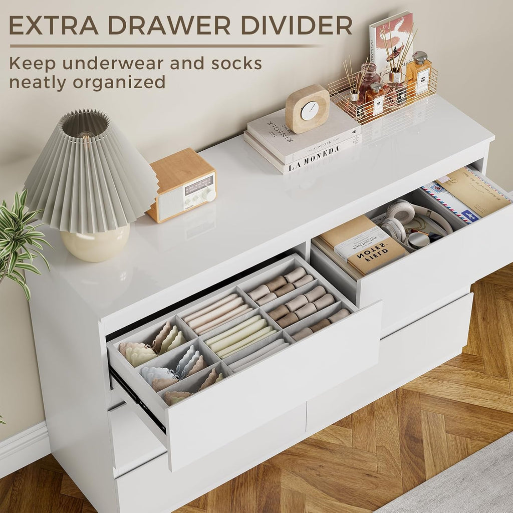 White Wood Dresser, 6 Drawer Dressers for Clothes Storage for Bedroom, Modern Dresser with Wide Drawers, Wide Wooden Chest Drawers for Living Room, Entryway, TV Stand(47" W x15.4 Dx32.3 H)
