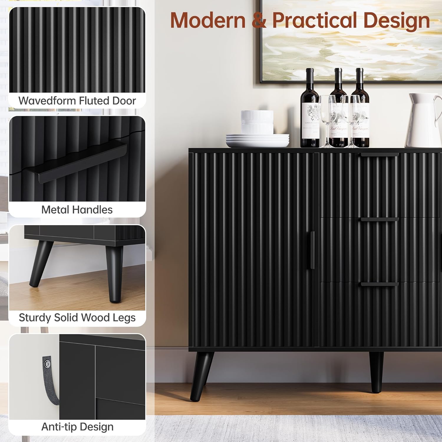 47" Black Sideboard Buffet Cabinet with 3 Drawers, Fluted Modern Buffet Cabinet with Storage, 2 Doors Sideboard Cabinets Accent Credenza for Dining Room|Living Room|Entryway