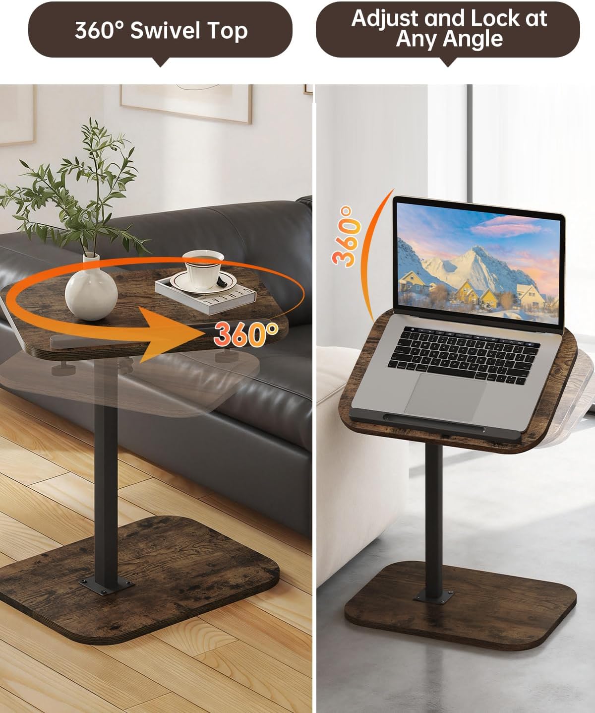 C Shaped End Table with Adjustable Height & 360° Swivel Top, Side Table & TV Tray Table for Living Room, Bedroom, Small Spaces, Brown
