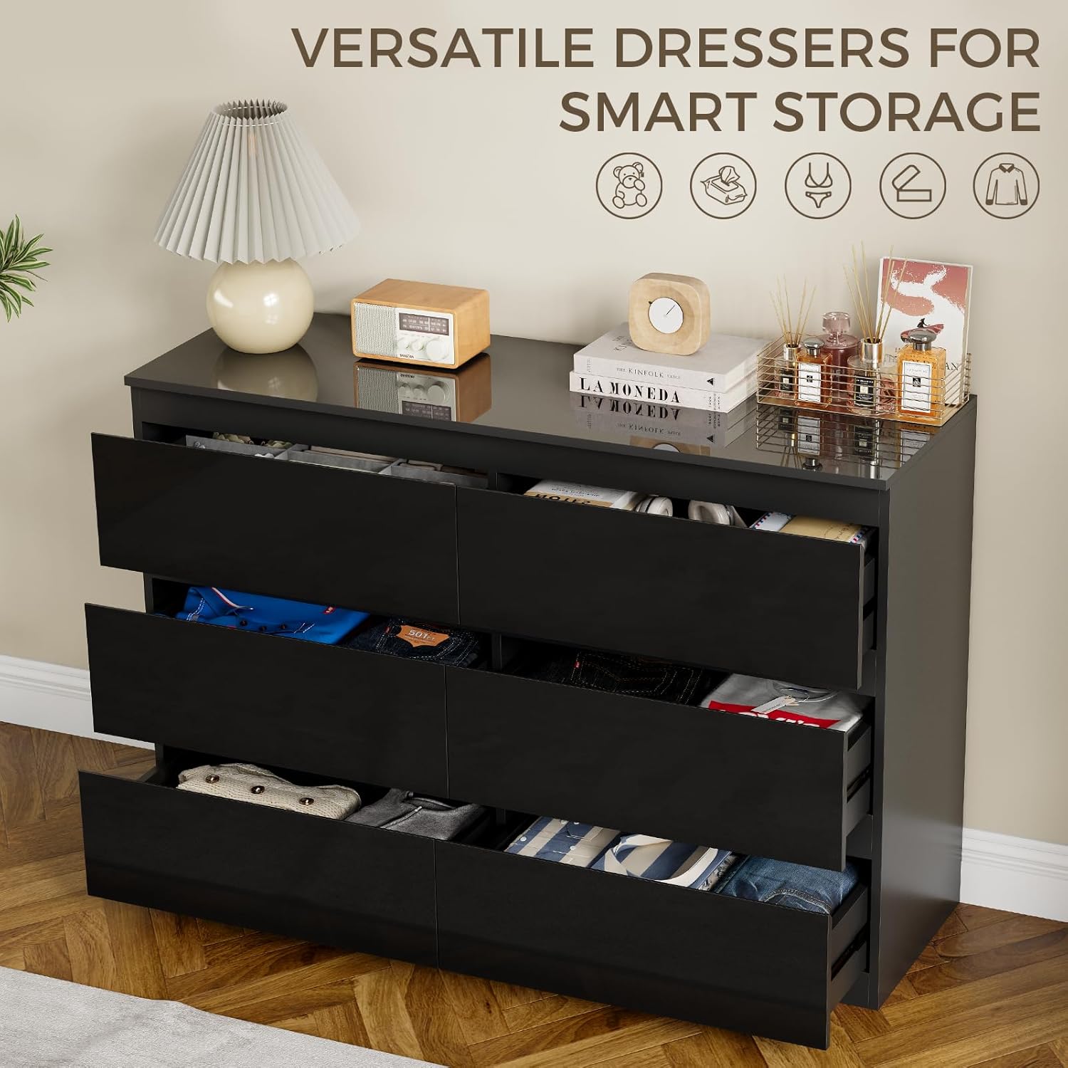 Black Wood Dresser for Bedroom, 6 Drawer Dressers for Clothes Storage, Modern Dresser with Wide Drawers, Wide Wooden Chest Drawers for Living Room, Entryway, TV Stand(47" W x15.4 Dx32.3 H)