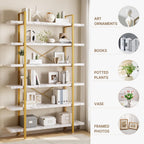 Heavy Duty 6-Tier Industrial Bookcase, 47" Wide Wood Bookshelf for Home Office, 120lbs Shelf Capacity, Open Shelving Display with Reinforced Horizontal Shelf for Living Room Bedroom, White