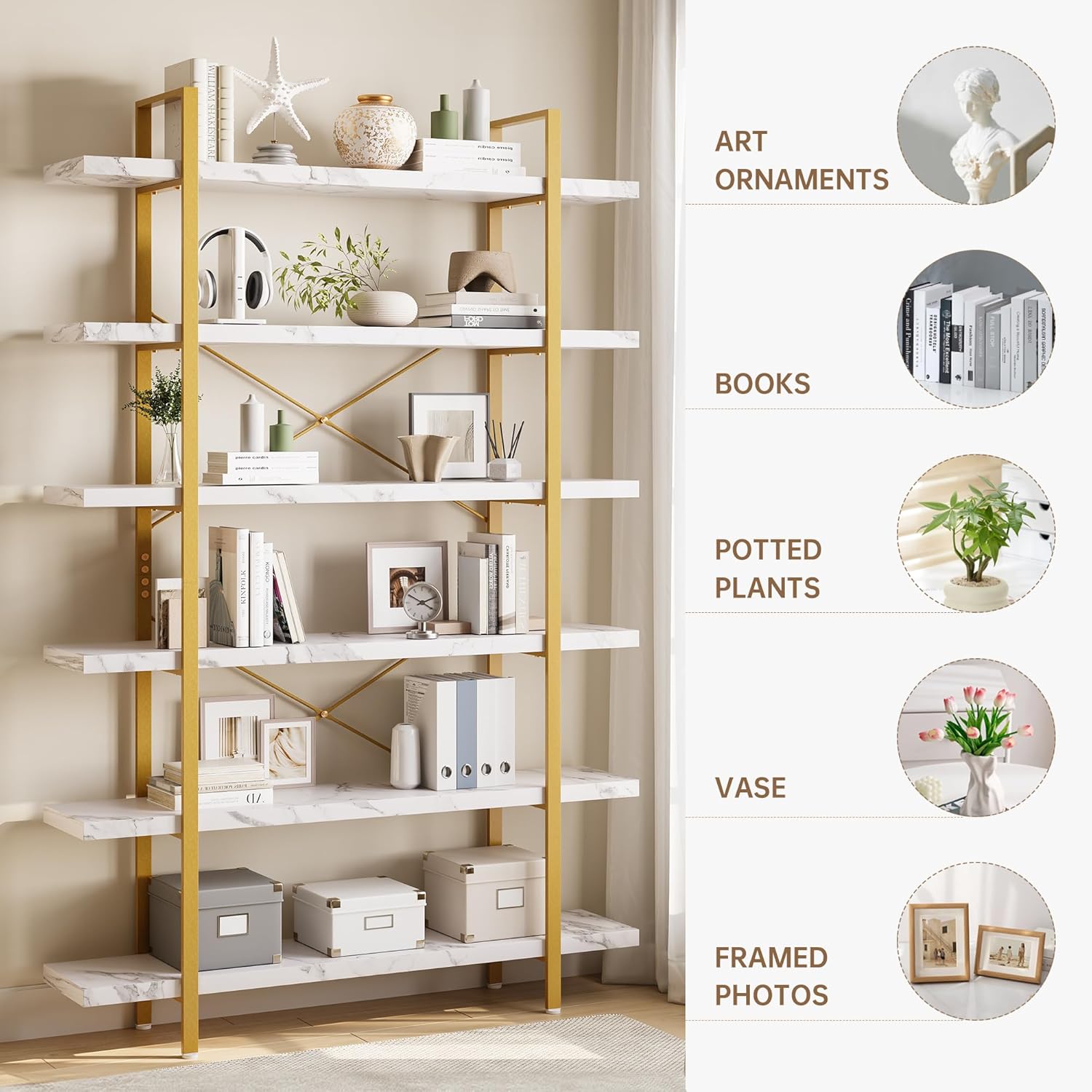 Heavy Duty 6-Tier Industrial Bookcase, 47" Wide Wood Bookshelf for Home Office, 120lbs Shelf Capacity, Open Shelving Display with Reinforced Horizontal Shelf for Living Room Bedroom, White